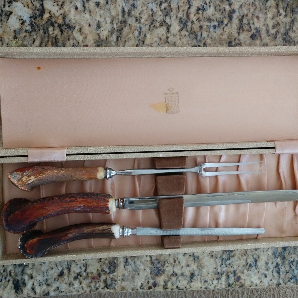 3-Piece Carving Set, Staghorn Handles, in Case